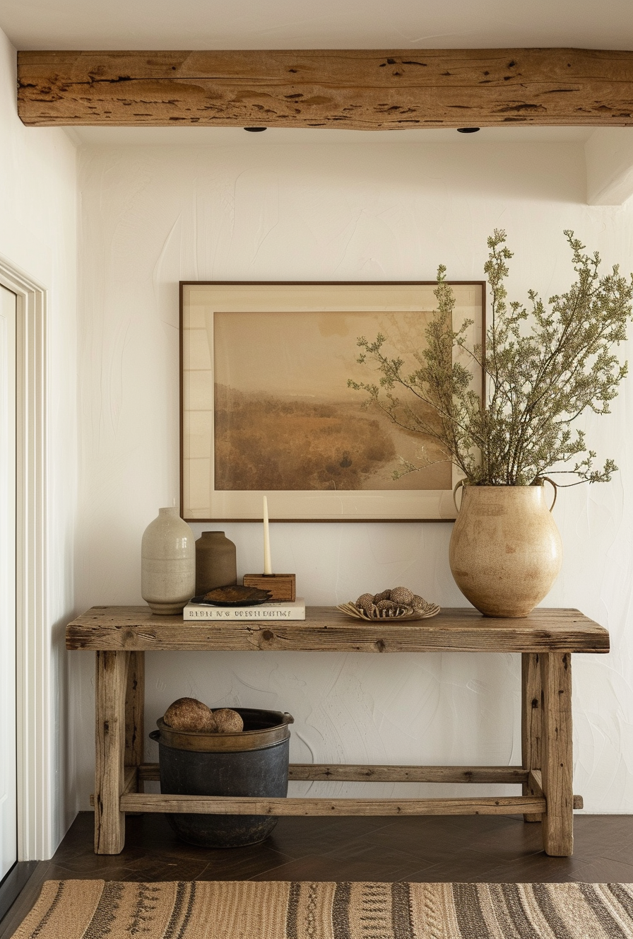 Modern farmhouse hallway with a blend of rustic wood and contemporary design