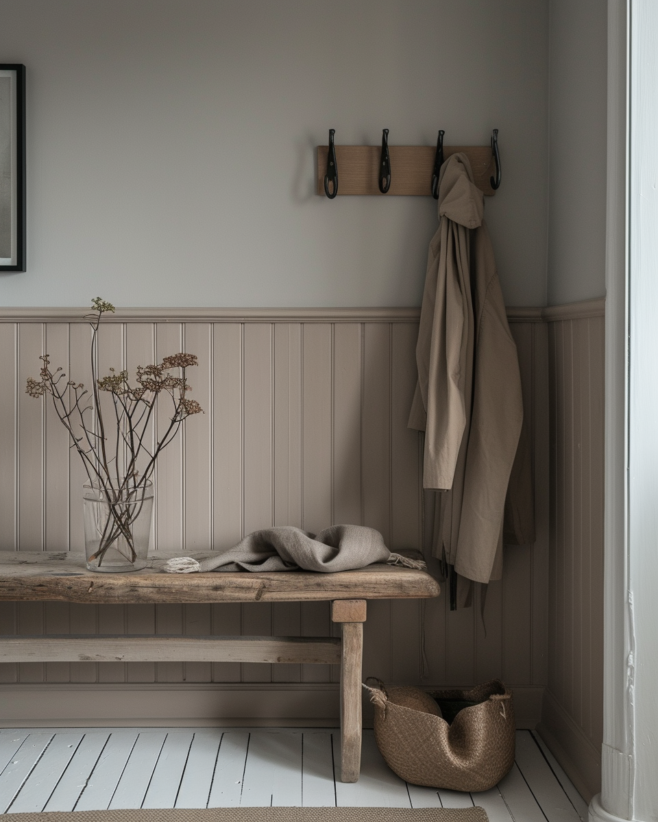 Modern farmhouse hallway with board and batten detailing and pendant lights