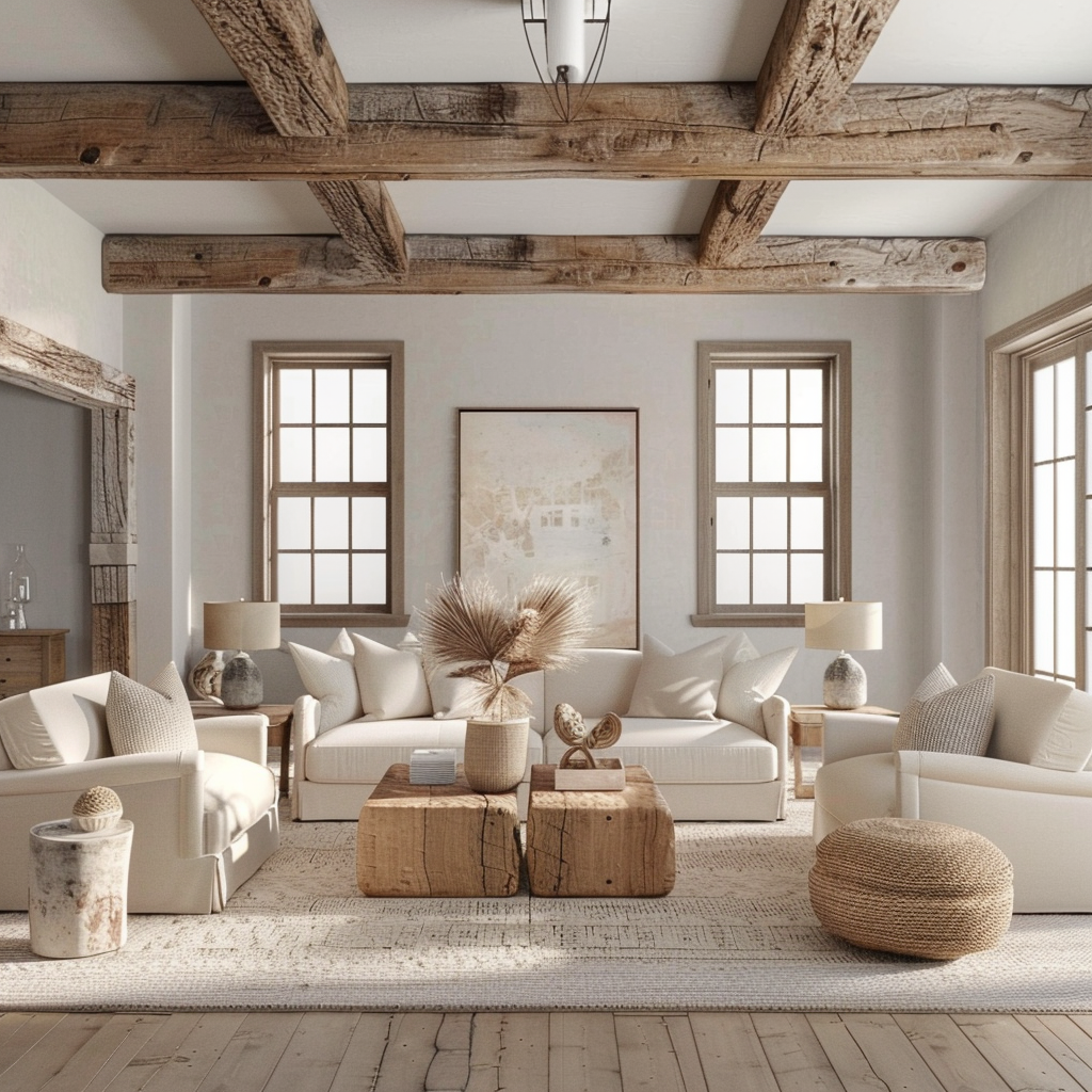 Modern farmhouse interior with rustic elements and contemporary design creating warm ambiance