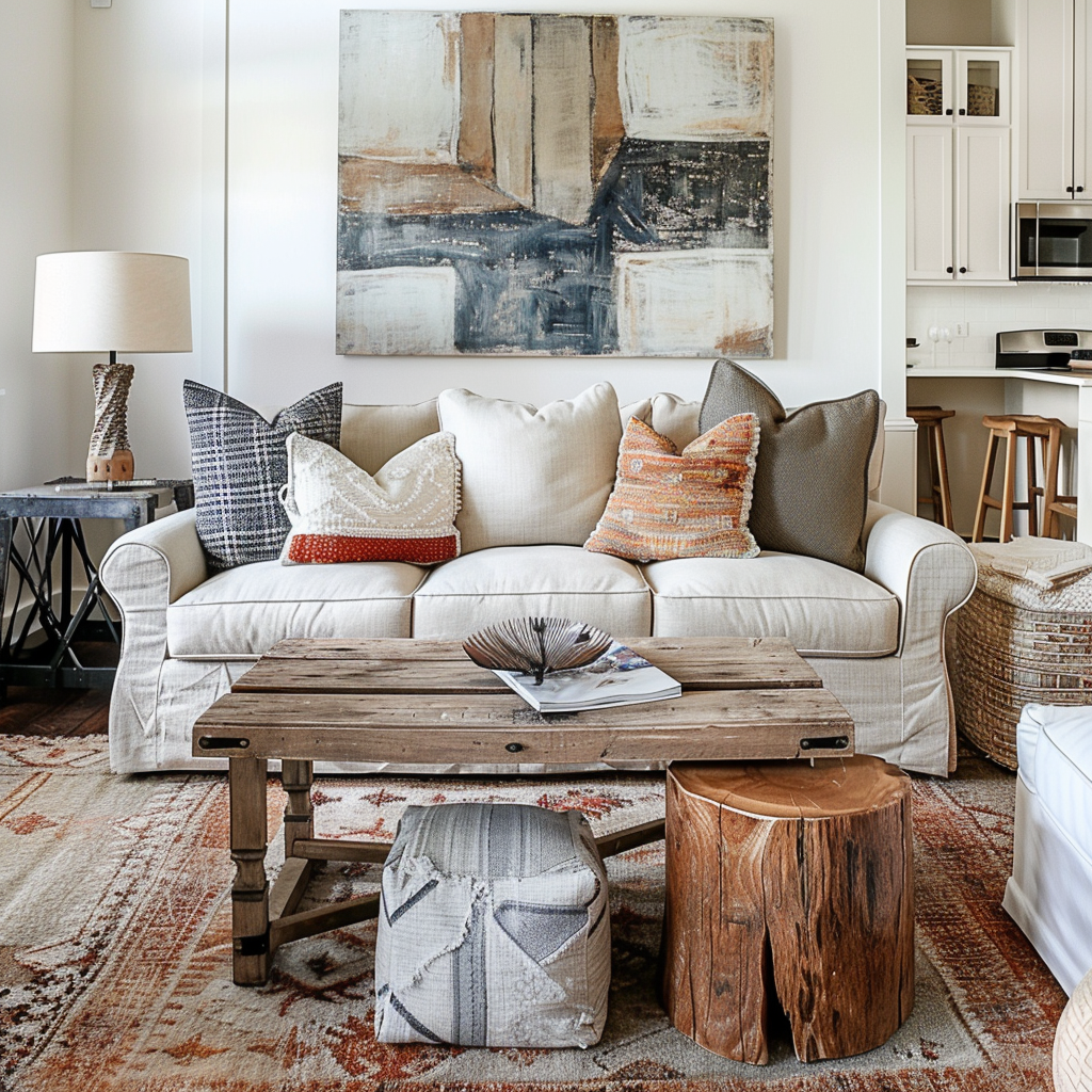 Modern farmhouse living room elegantly furnished with neutral-toned pieces that complement the overall color scheme