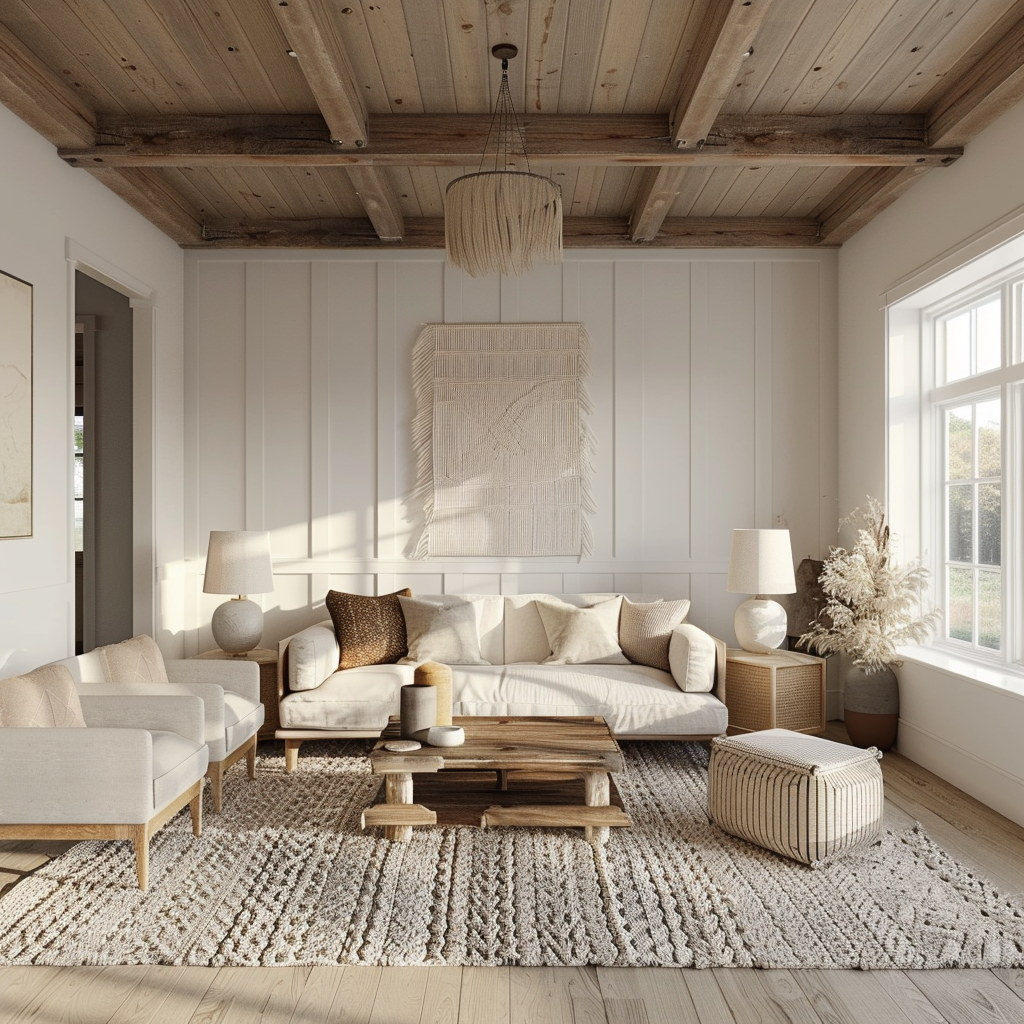 Modern farmhouse living space where different patterns achieve a harmonious balance