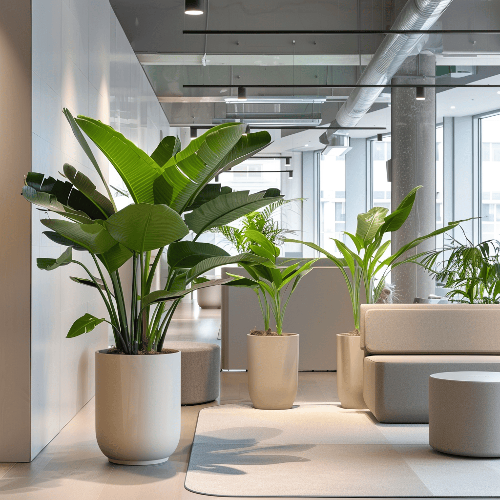 Modern, neutral-colored planters housing indoor plants, seamlessly integrating into a minimalist office design