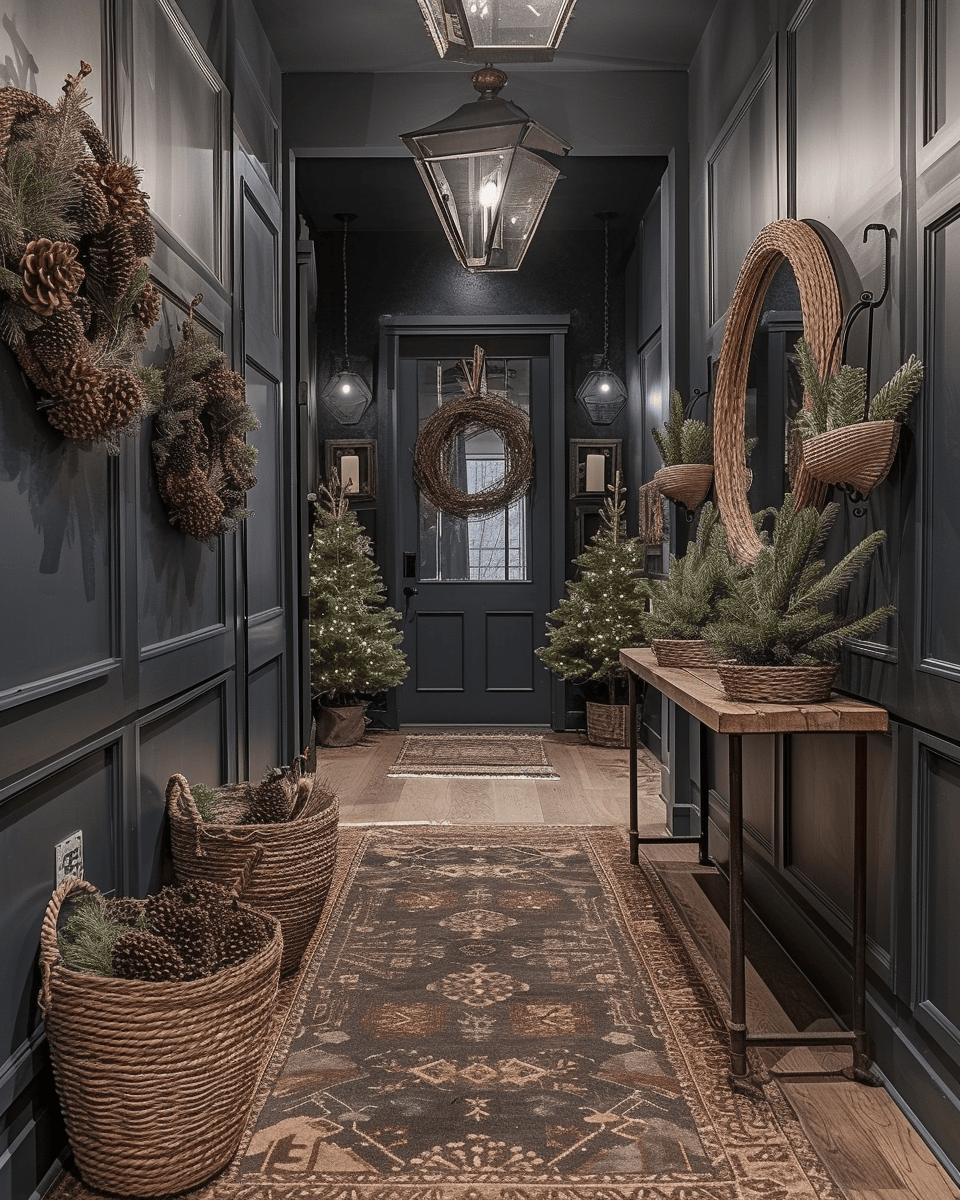 Modern rustic hallway with a fusion of sleek modern lines and rustic, natural materials for a balanced aesthetic