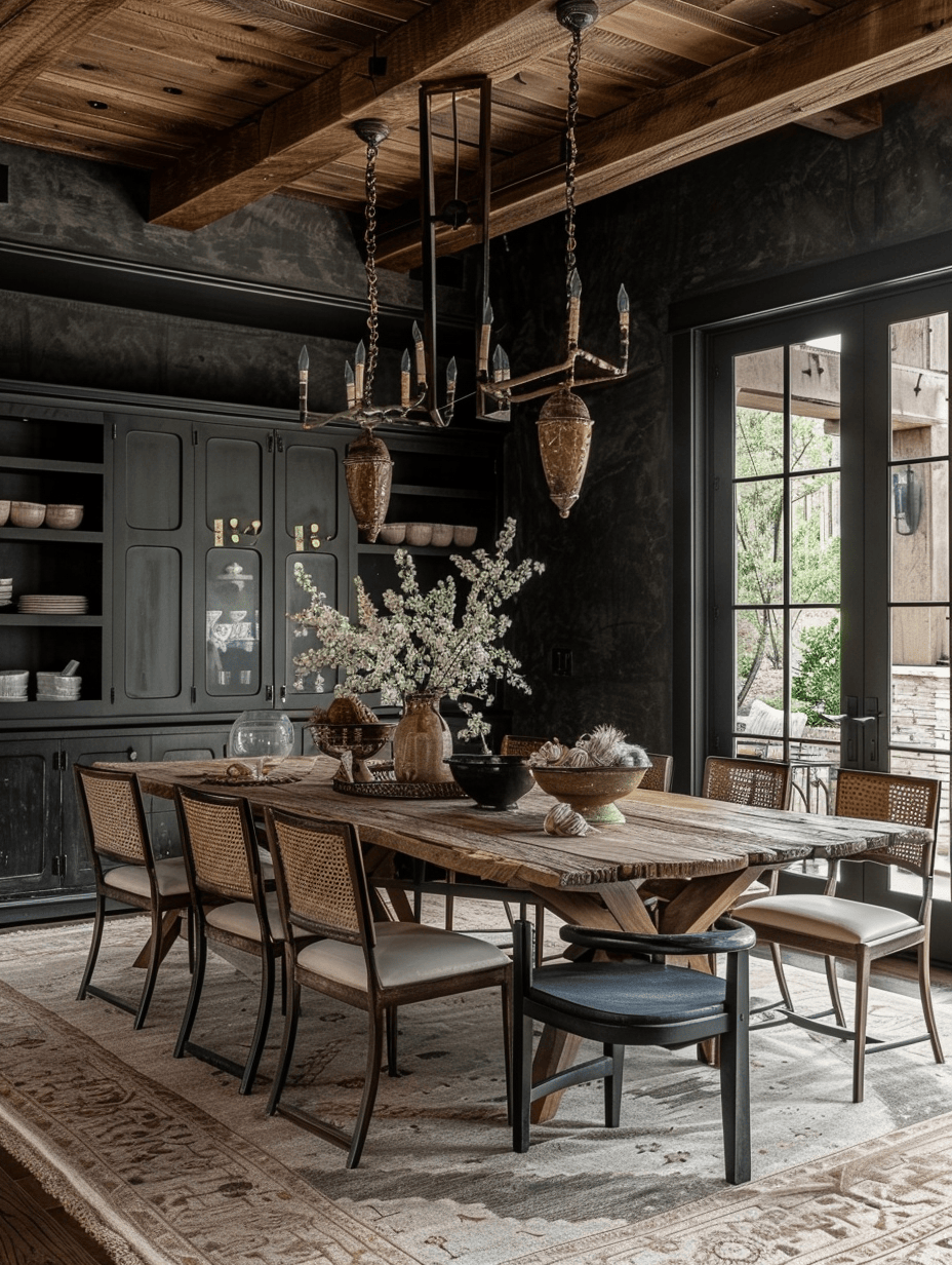 Modern touches in a classic rustic dining room with mixed textures
