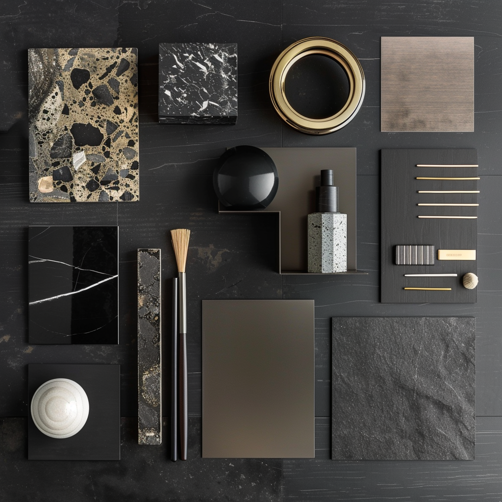 Monochrome palette inspiration featuring black tones from charcoal to jet black for elegant home decor
