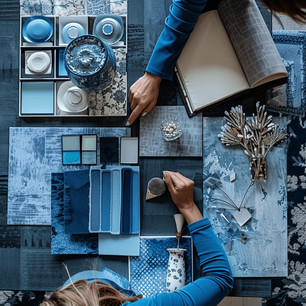 Moodboard displaying a harmonious blend of blue hues for home decor