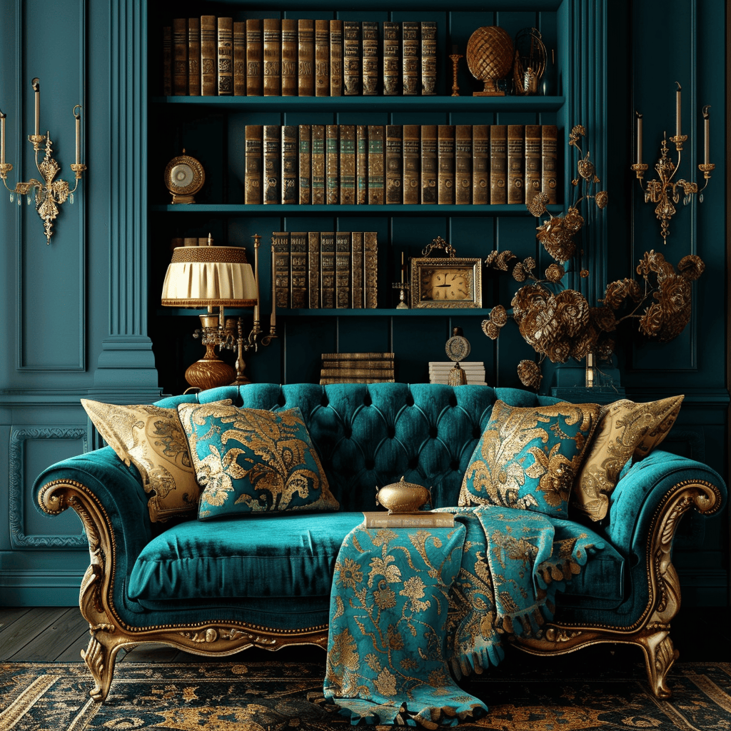 Moodboard displaying a range of teal hues, highlighting their vibrant and refined charm in Victorian-inspired design