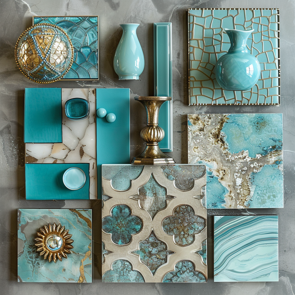 Moodboard displaying shades of turquoise, showcasing their vibrant and refreshing impact on interior design schemes