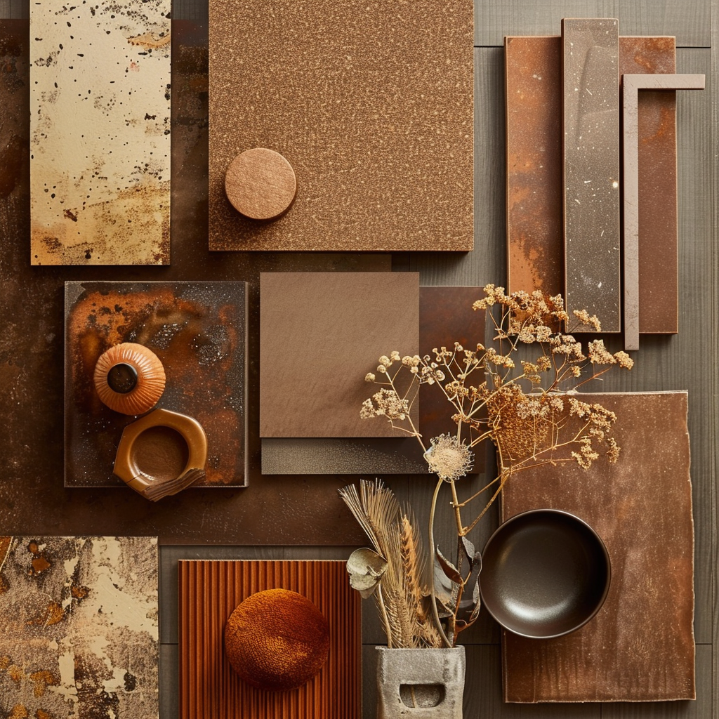 Moodboard featuring a spectrum of rich browns, from deep espresso to warm walnut, ideal for grounding boho interior projects