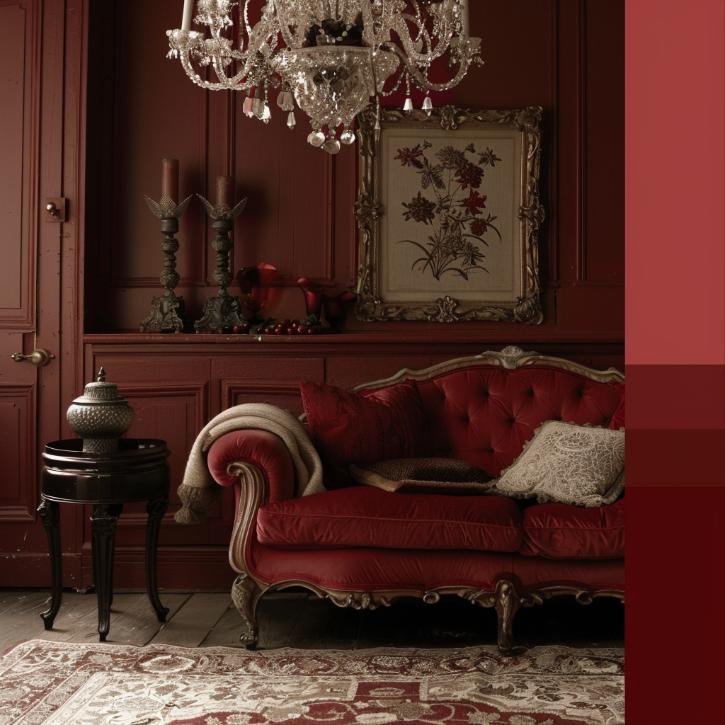 Moodboard highlighting the luxurious depth of deep red, a cornerstone of Victorian color schemes