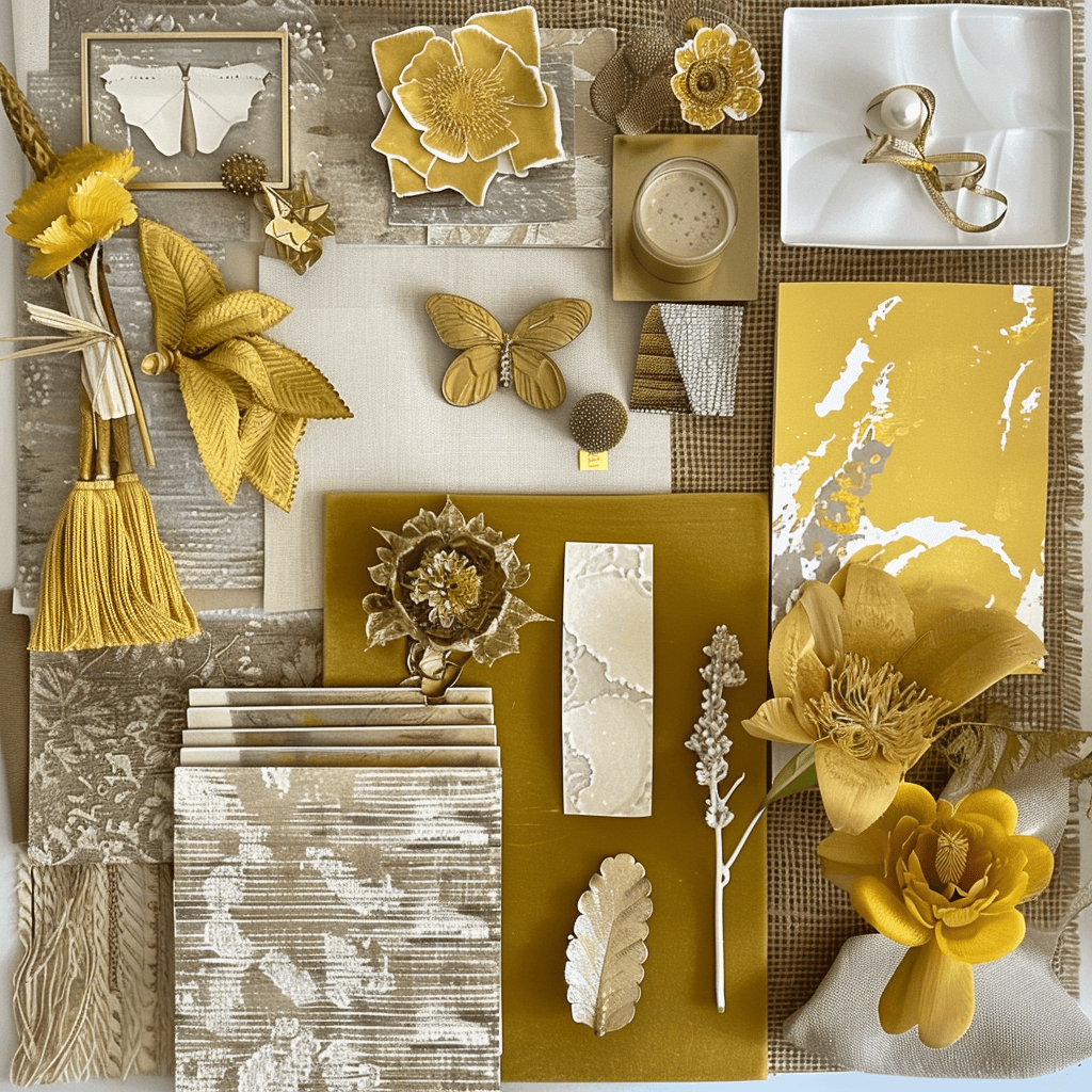 Moodboard showcasing golden yellows, highlighting their vibrant and uplifting effect in interior design