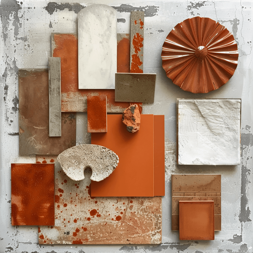Moodboard with burnt orange and rust hues, showcasing their warmth and vibrant character for dynamic interior designs