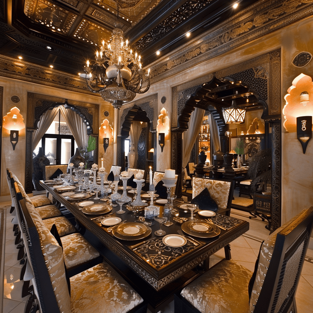 Moroccan dining room accented with unique mudcloth throws for texture
