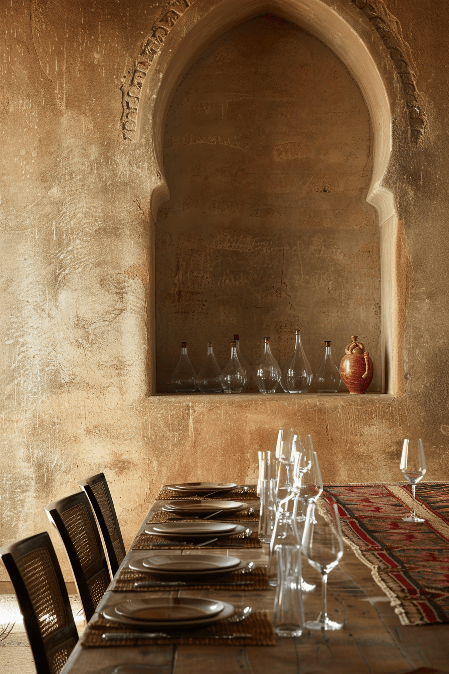 Moroccan dining room enhanced with hanging metalwork decorations