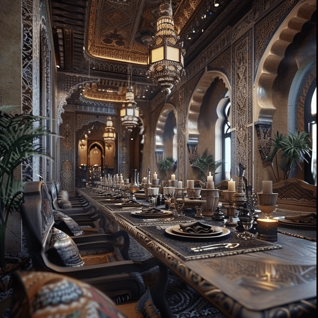 Moroccan dining room with chairs upholstered in vibrant Kilim fabric