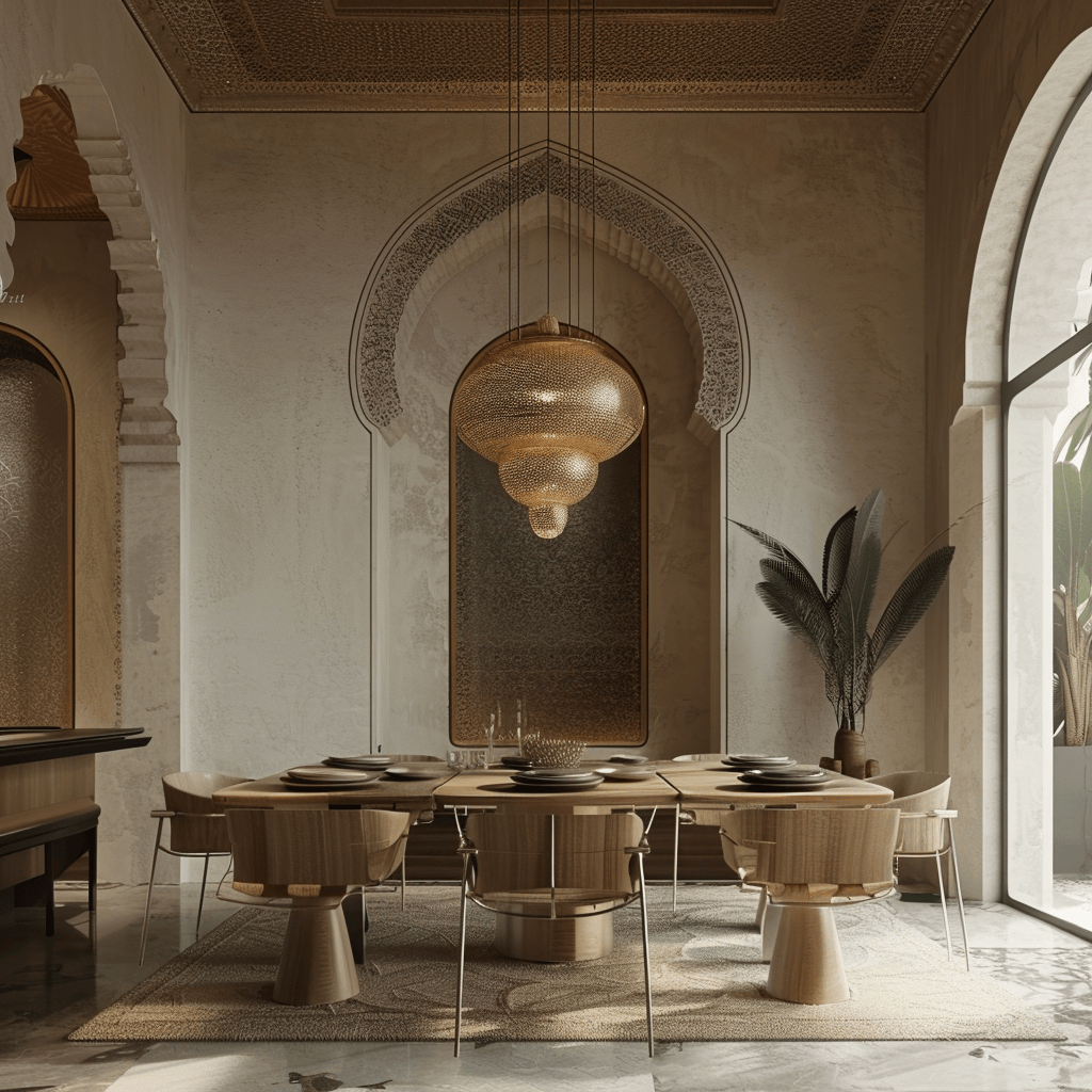 Moroccan dining room with hand-carved wooden screens as focal points