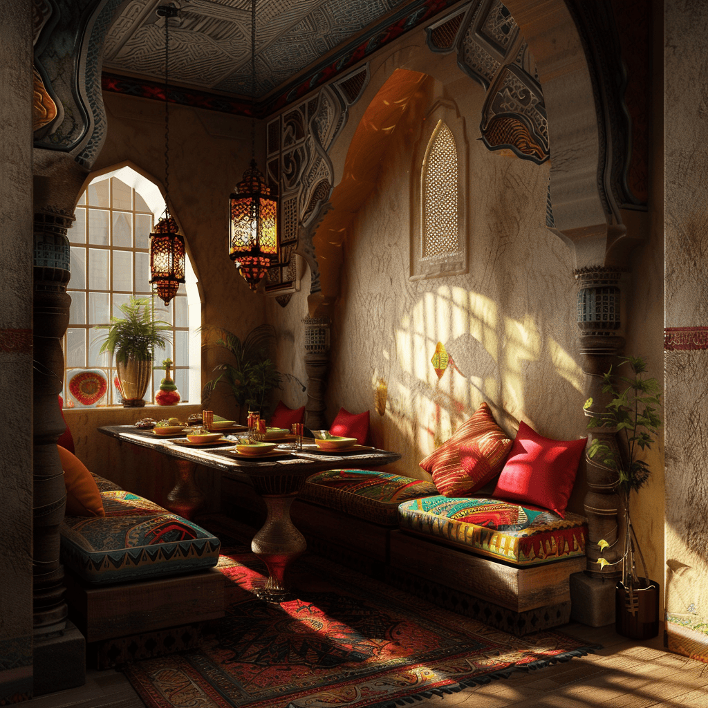 Moroccan dining room with natural light and raffia baskets for storage
