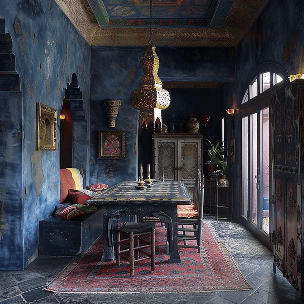 Moroccan dining room with tables set using embroidered linens