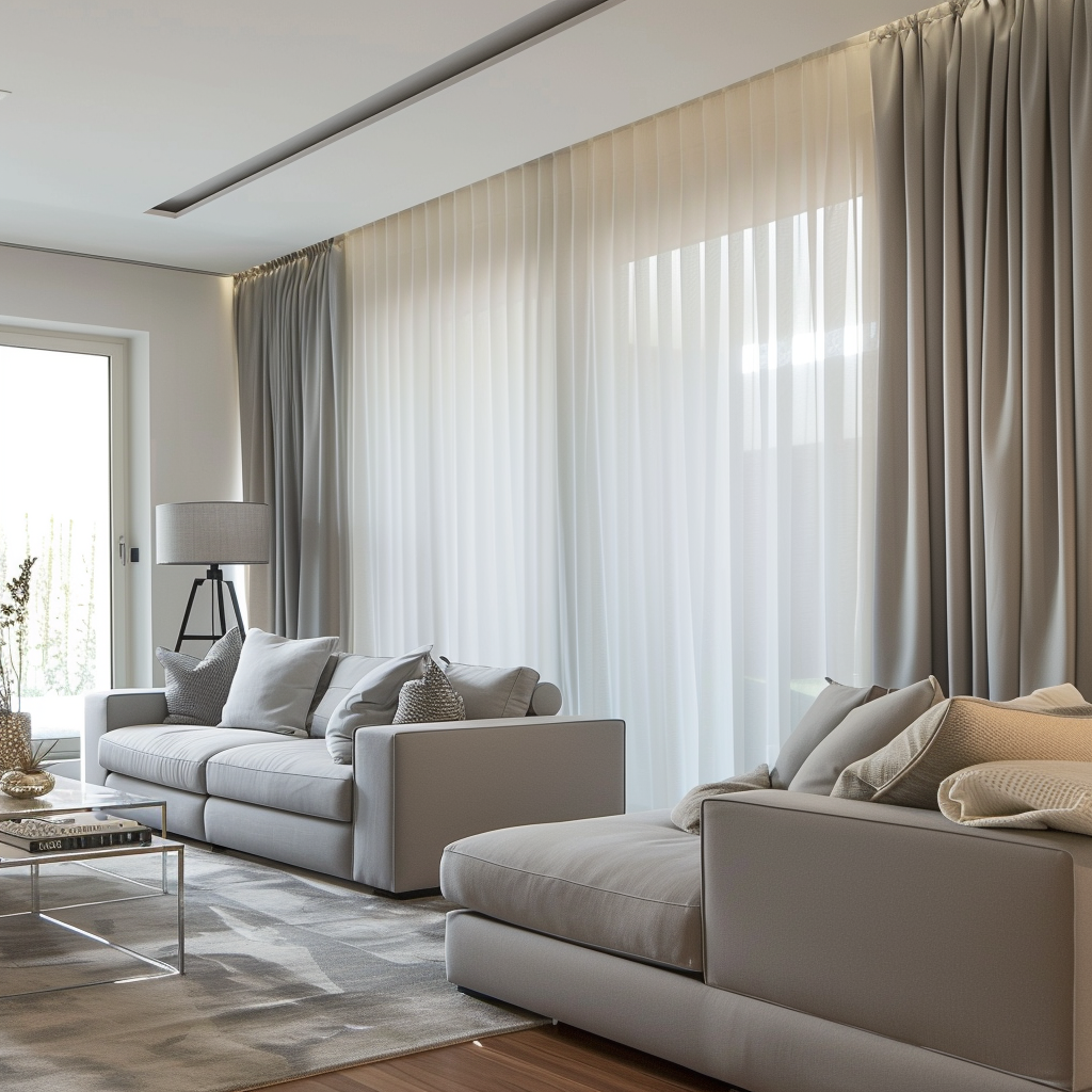 Motorized curtains in a soft gray fabric offer convenience and versatility in a smart living room, easily controlled by a remote or app4