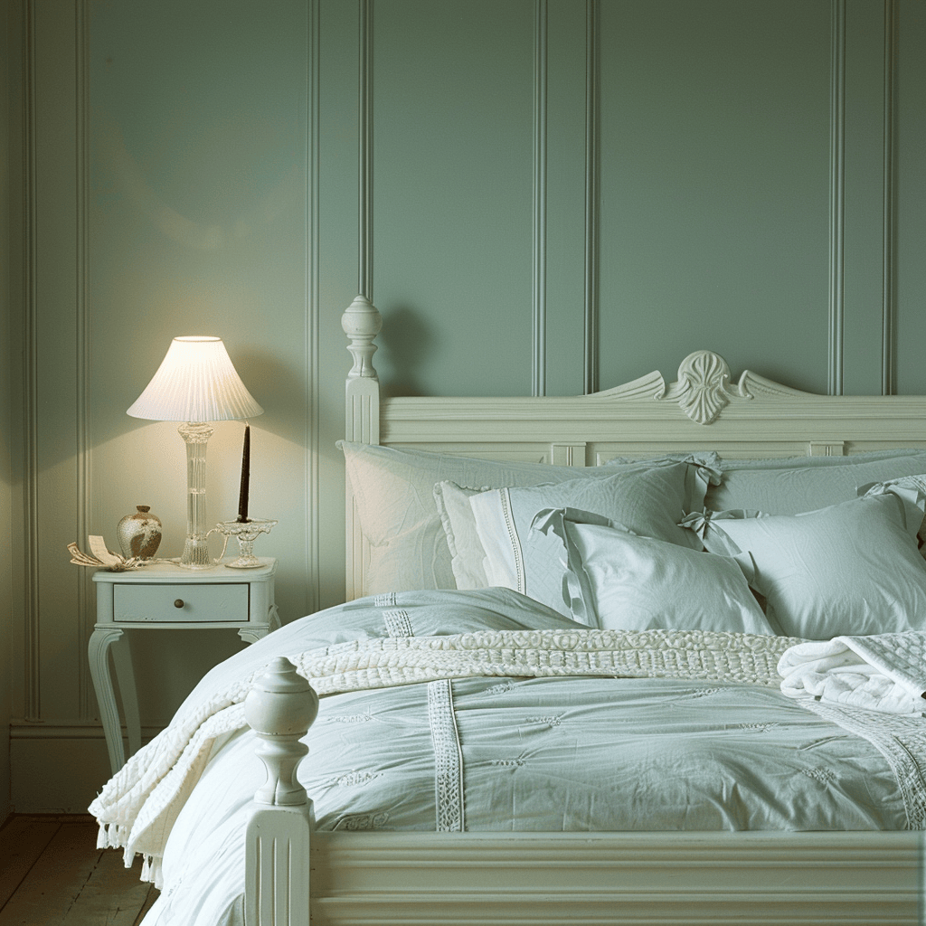 Muted blue walls, a creamy white wooden bed frame, and gentle, diffused lighting from frosted glass table lamps come together to create a serene, restful ambiance in this English countryside bedroom