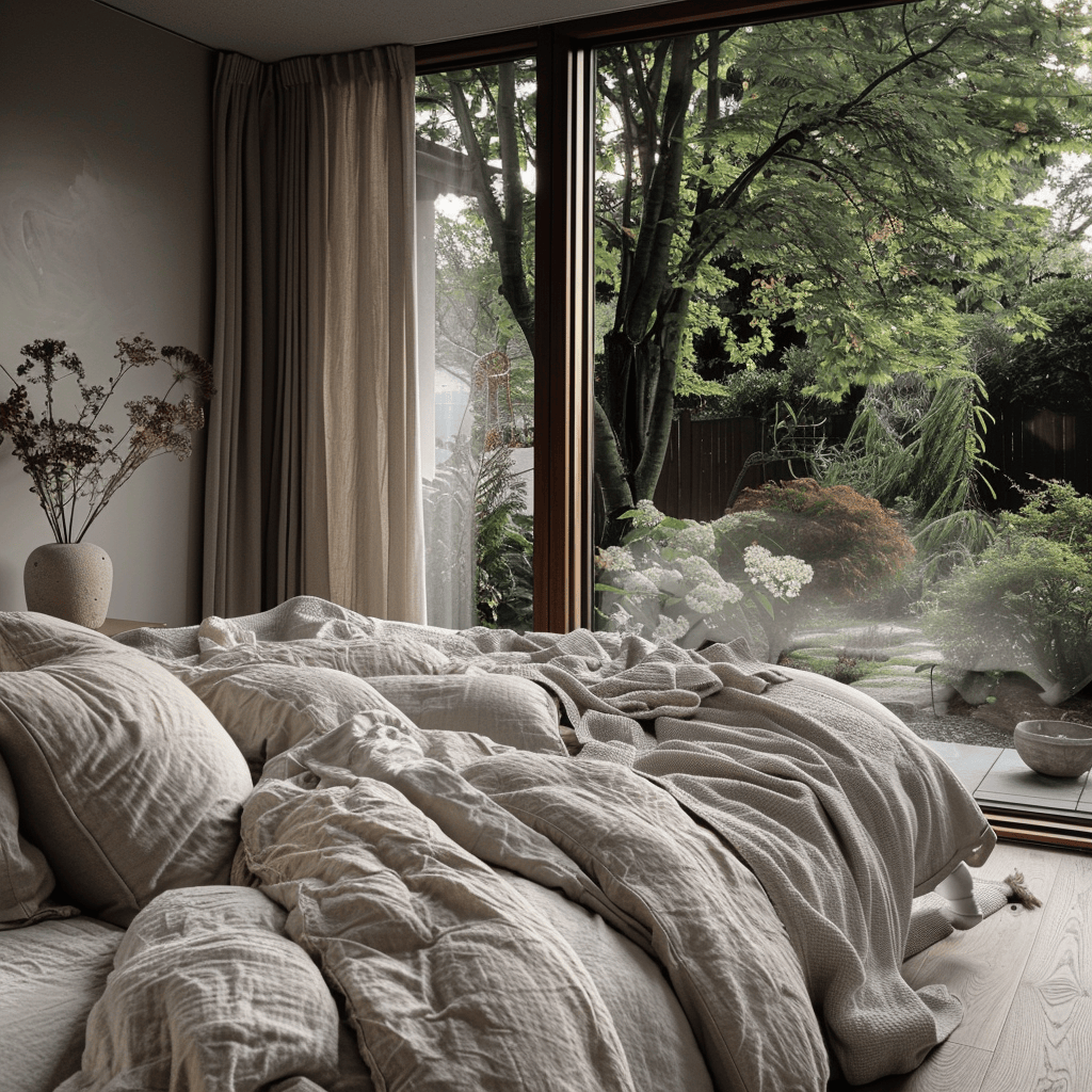 Muted colors, plush bedding, and a garden view create a peaceful Scandinavian bedroom retreat