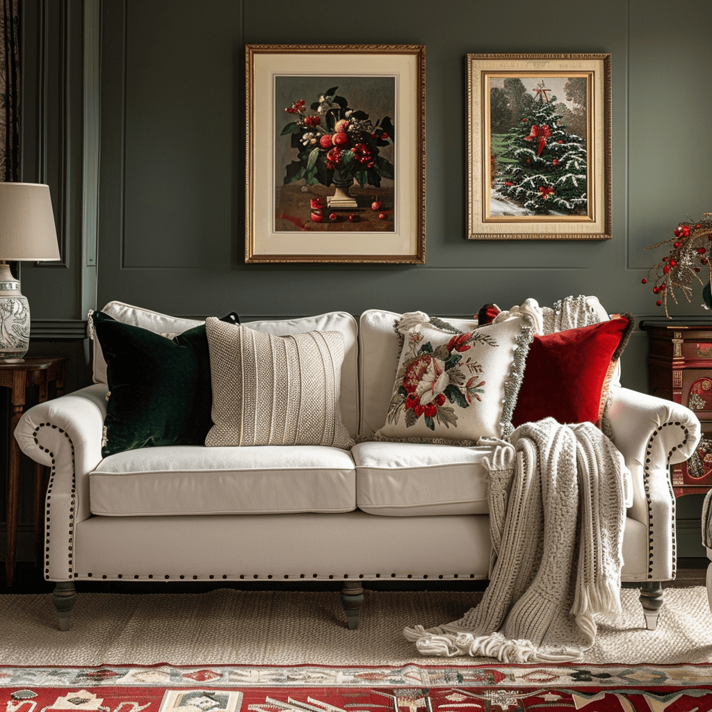 Muted gray walls, a creamy white sofa, cozy textured throws, and festive accents in deep green and crimson red come together to create a warm, intimate ambiance in this English countryside living room decorated for winter