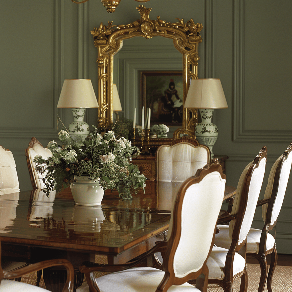 Muted olive green walls, a rich wooden table, ornate gold-framed mirrors, and creamy white upholstered chairs work together to create a timeless, sophisticated ambiance in this English countryside dining room