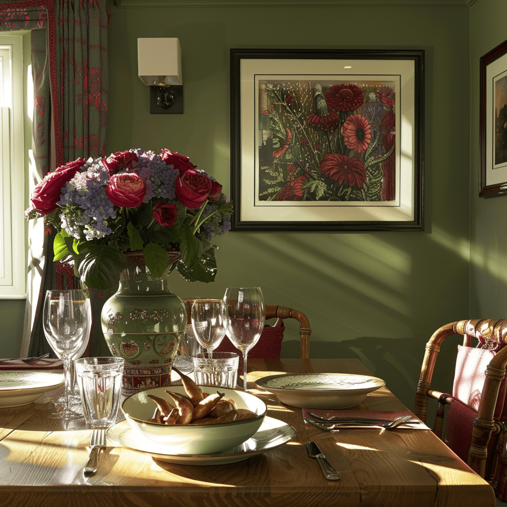 Muted sage green walls, a rustic wooden table, and vibrant red and purple artwork highlighted by directional spotlights work together to create visual interest and depth in this English countryside-inspired dining room