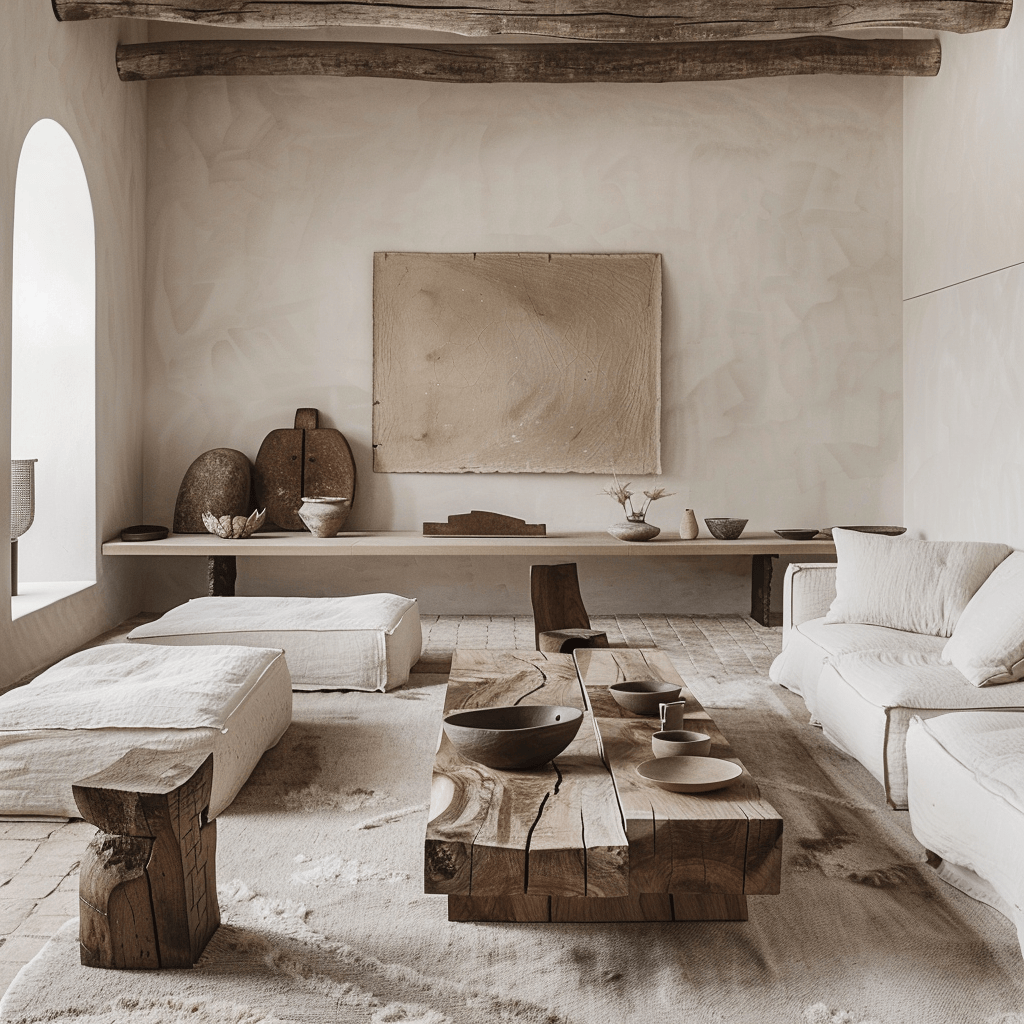 Natural elements, such as a wooden coffee table and a wool area rug, infuse this minimalist living room with a sense of comfort and visual interest