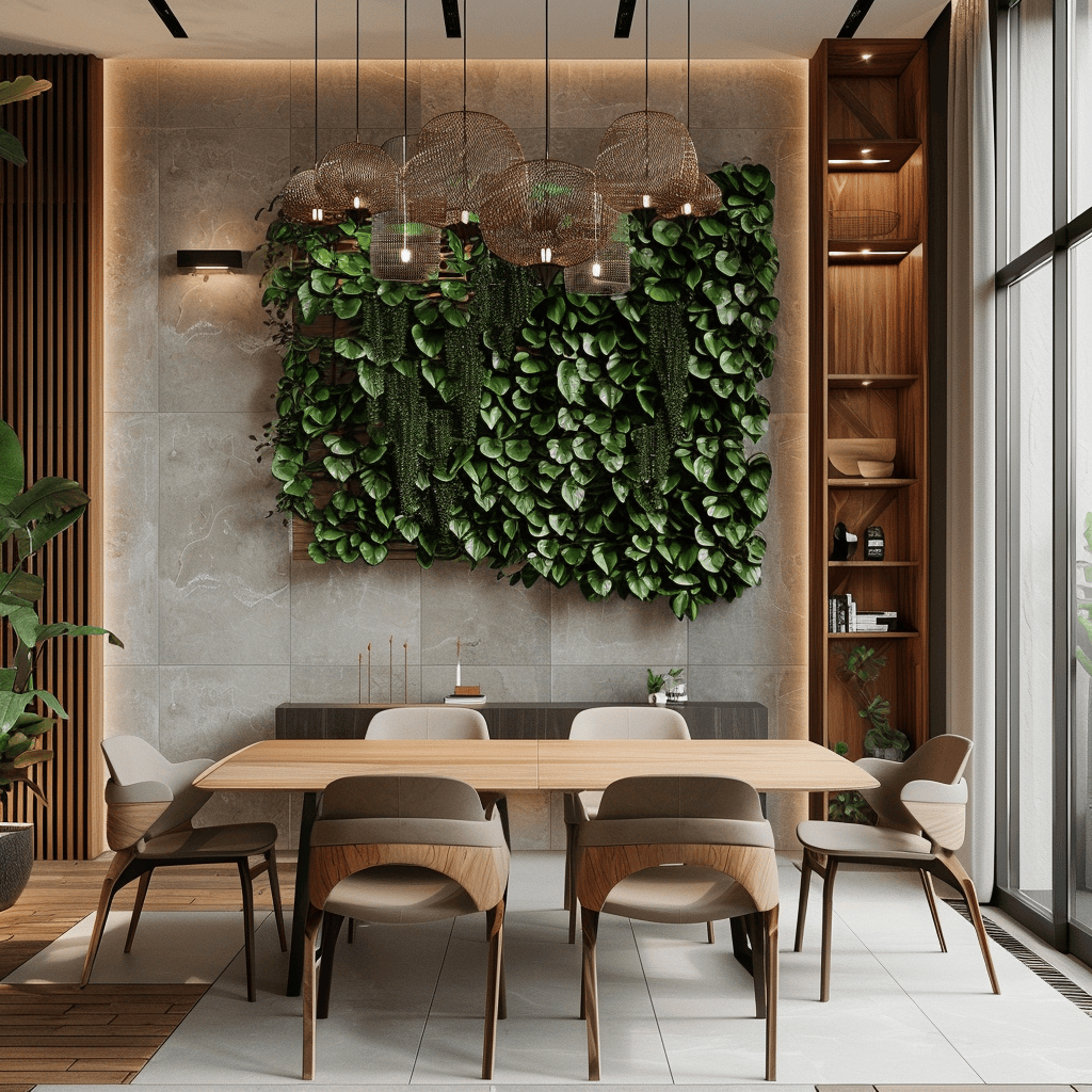 Natural greenery, air purification, and organic accents are introduced to this modern dining room through the use of indoor plants, creating a calming ambiance