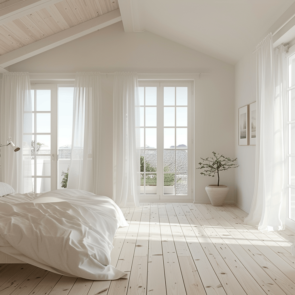 Natural light fills a Scandinavian bedroom through large windows and billowing curtains