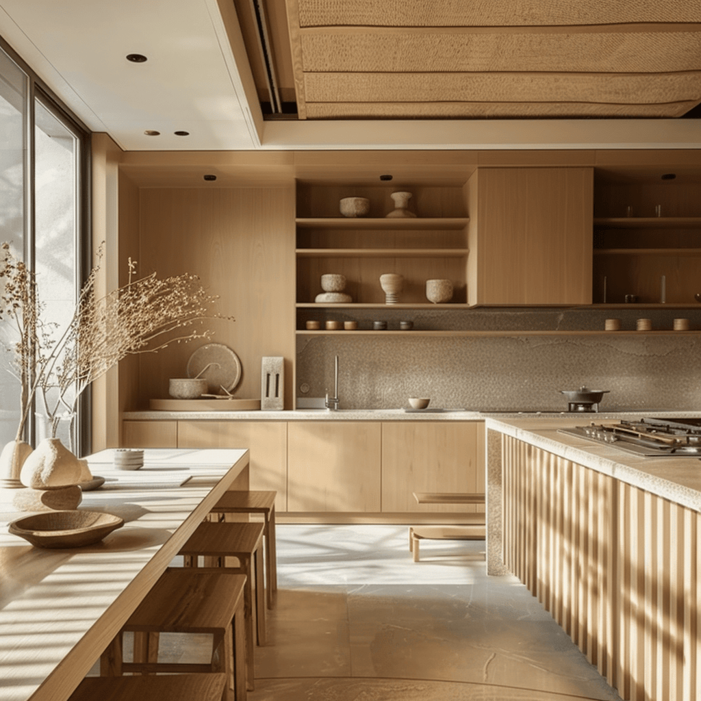 Natural textiles adding warmth to a Japandi kitchen with linen towels