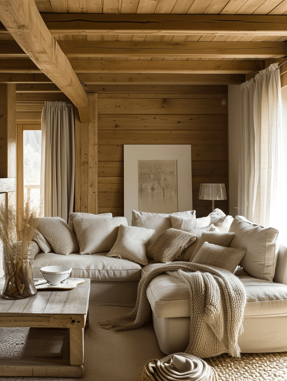 Natural wood coffee table and plush sofas in a rustic living room setting