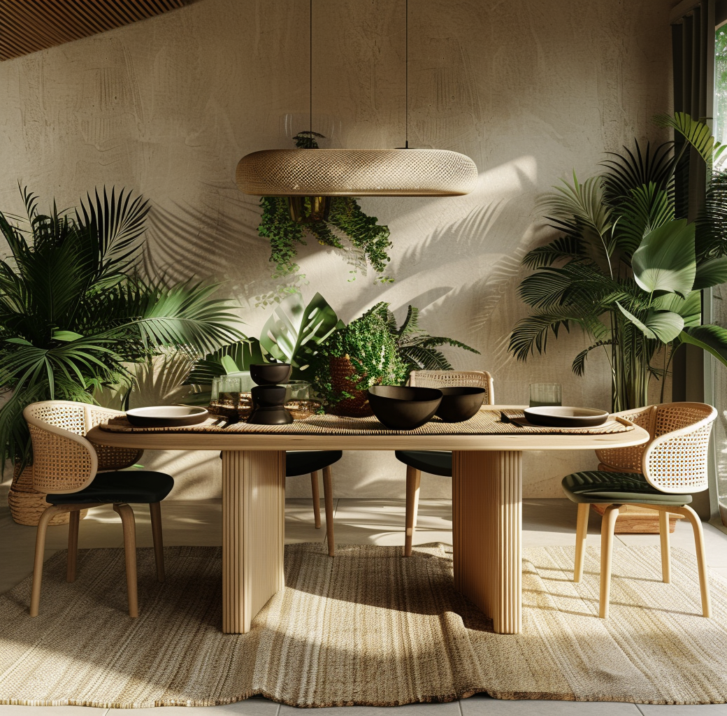Natural wood elements in a modern boho dining room creating a warm ambiance