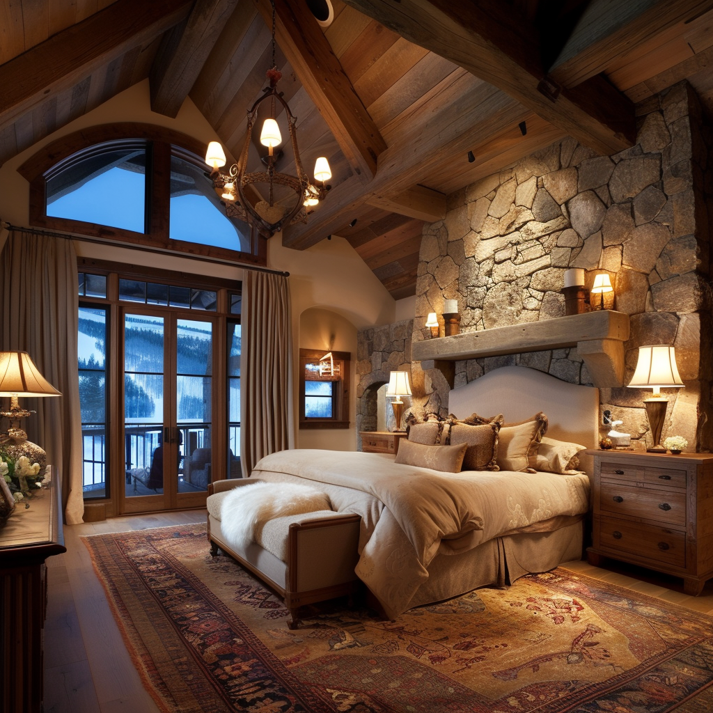 Nature-inspired rustic bedroom with wood stump side tables as unique accents