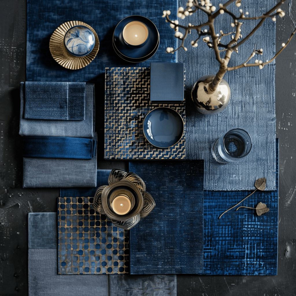 Navy blue shades featured on an interior design moodboard, illustrating their power to add richness and tranquility to any setting