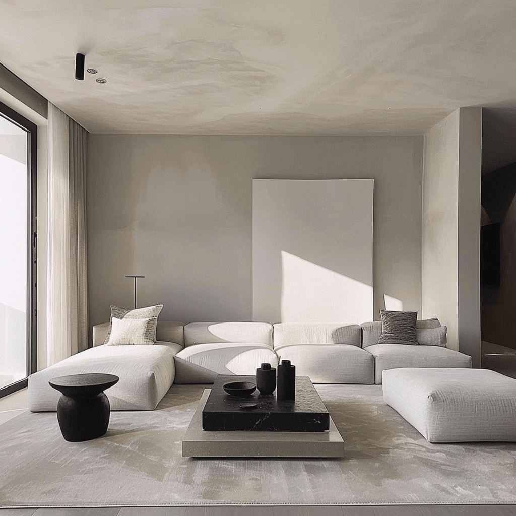 Neutral tones like white, beige, gray, and black form the foundation of this minimalist living room color scheme, creating a calm and versatile backdrop