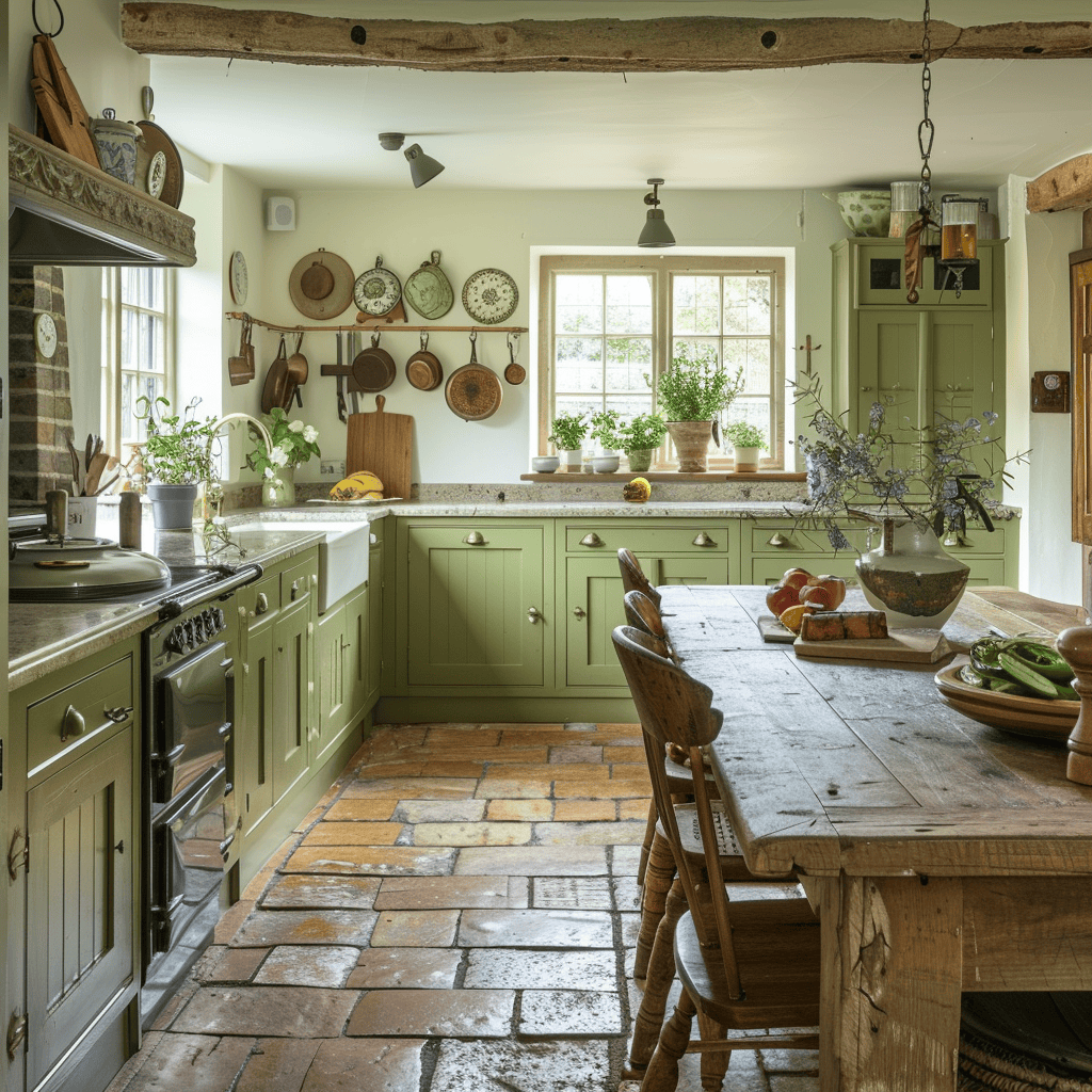 Olive green cabinets, a large wooden dining table, creamy white walls, and cheerful accents in sunny yellow and sky blue come together to create a charming, rustic ambiance in this English countryside farmhouse kitchen