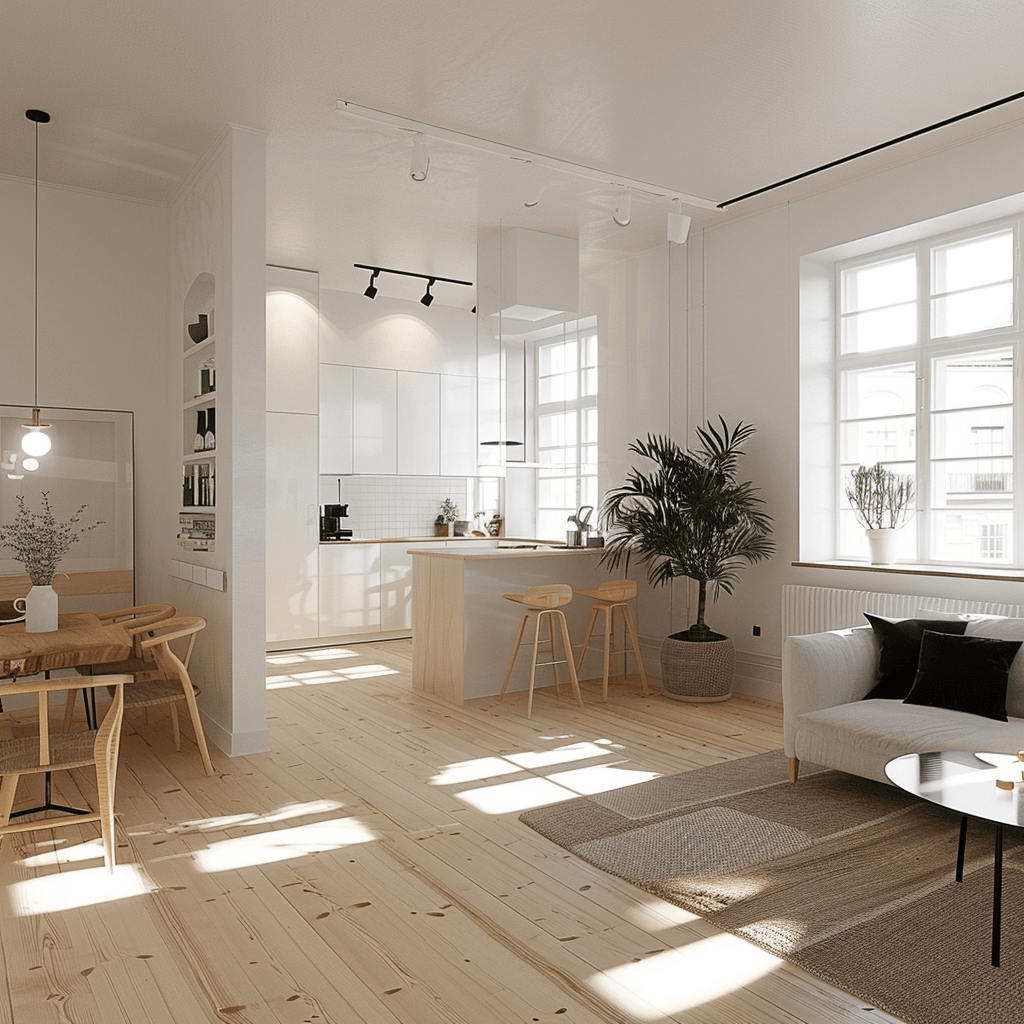 Open floor plan, white walls, and light wood make this small Scandinavian apartment feel spacious