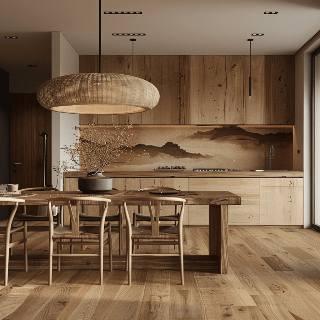 Open shelving displaying ceramics in a Japandi dining space