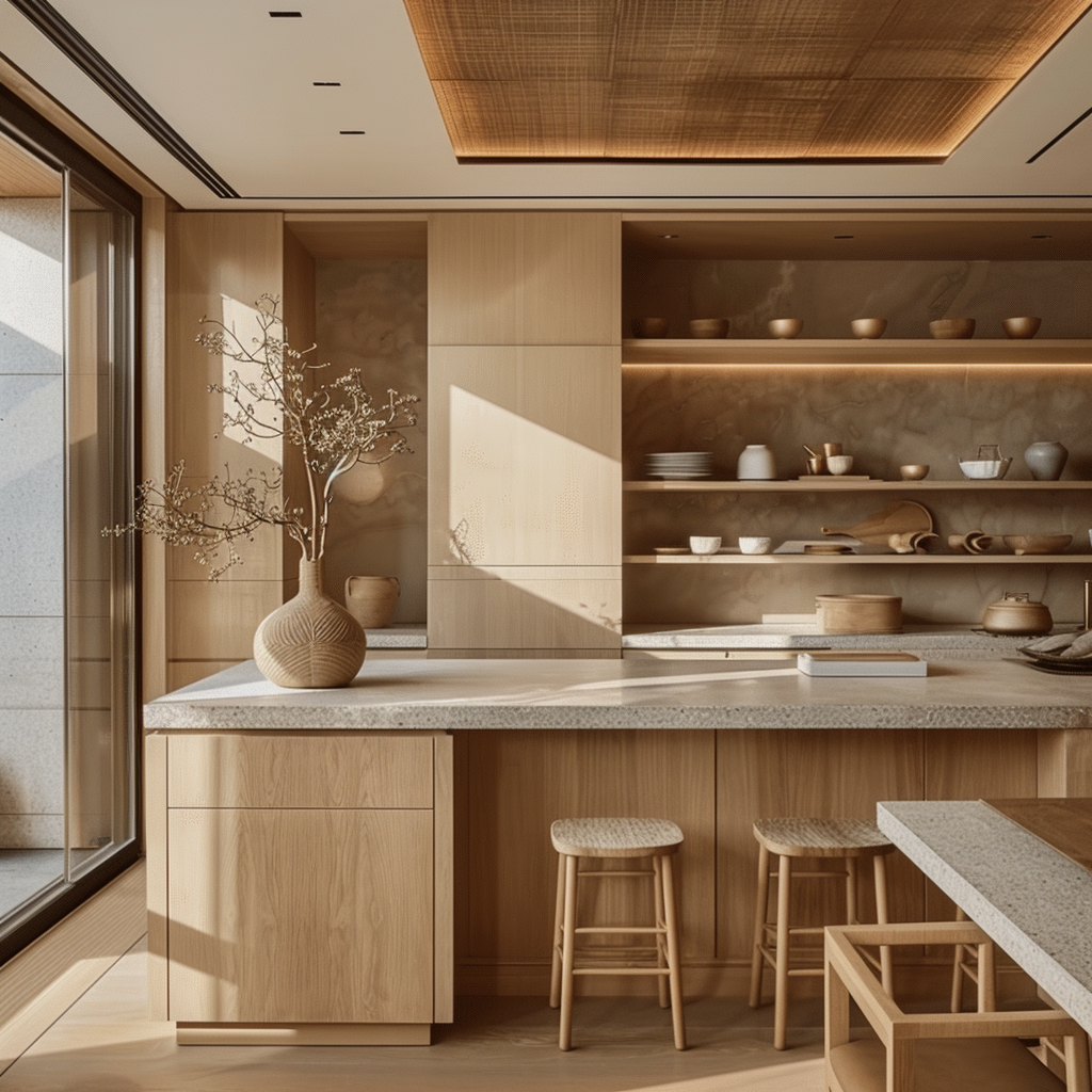 Open shelving in a Japandi kitchen showcasing simplicity and accessibility