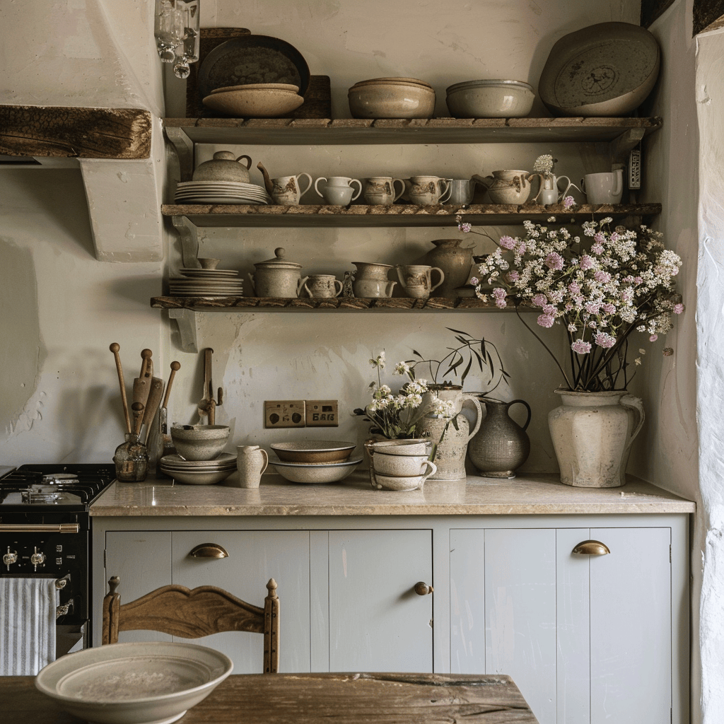 Open shelving in this English countryside kitchen allows for the display of cherished crockery, adding a personal touch to the space