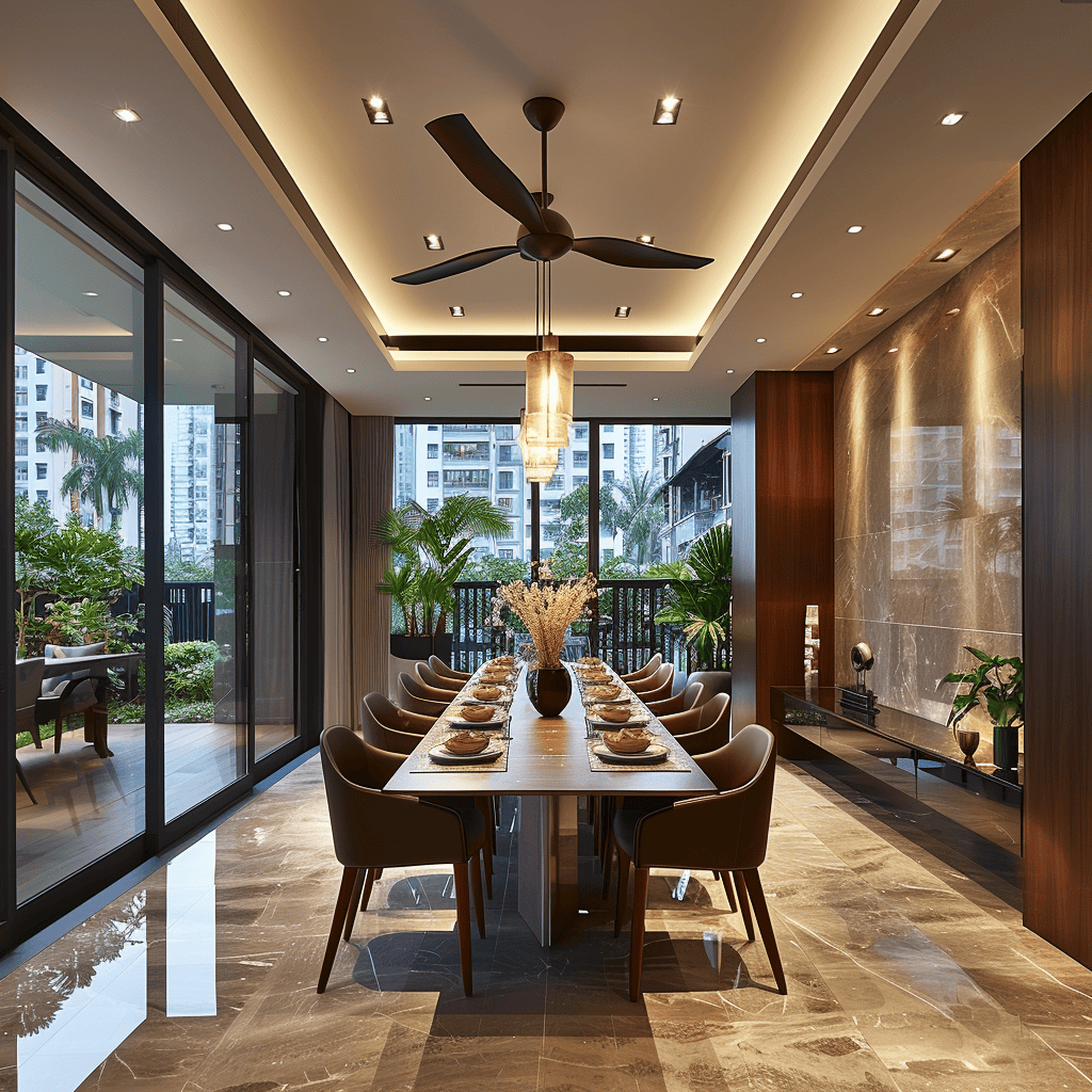 Optimized flow, an efficient layout, and designated areas contribute to comfortable circulation in this well-planned modern dining room