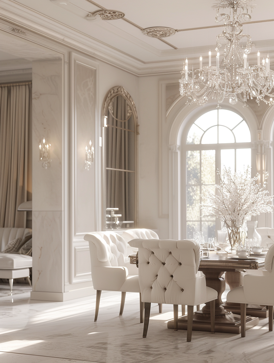 Opulent French Parisian dining area featuring an elaborate crystal chandelier