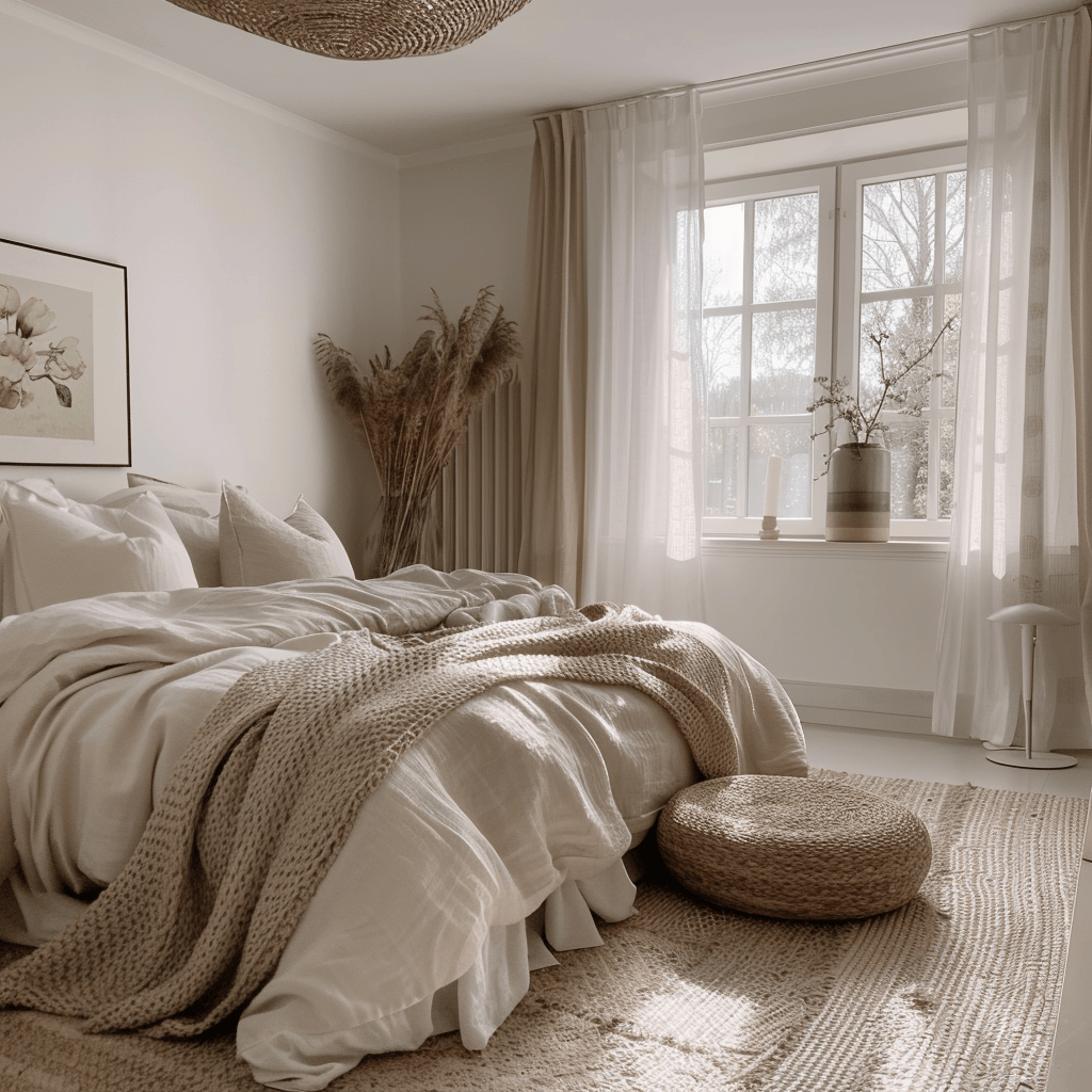 Organic elements in a Scandinavian bedroom, such as natural fiber rugs and curtains, promoting a sense of well-being and relaxation