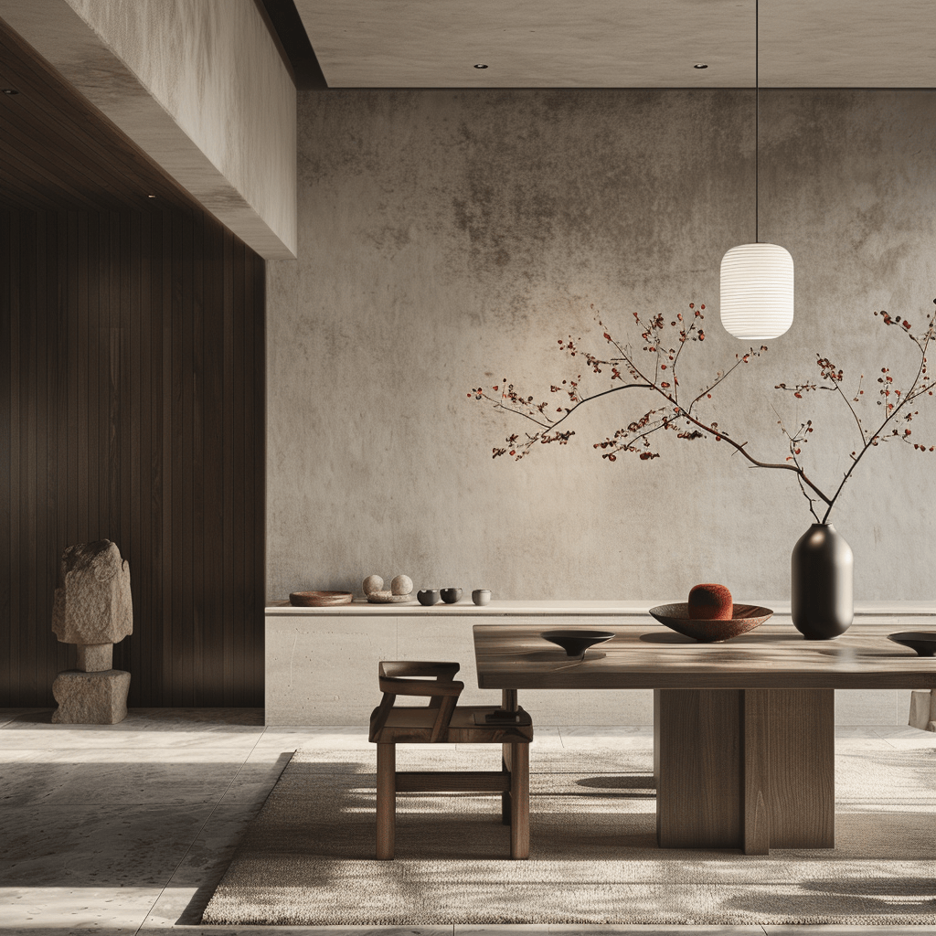 Organic shapes in furniture and decor of a Japandi dining room