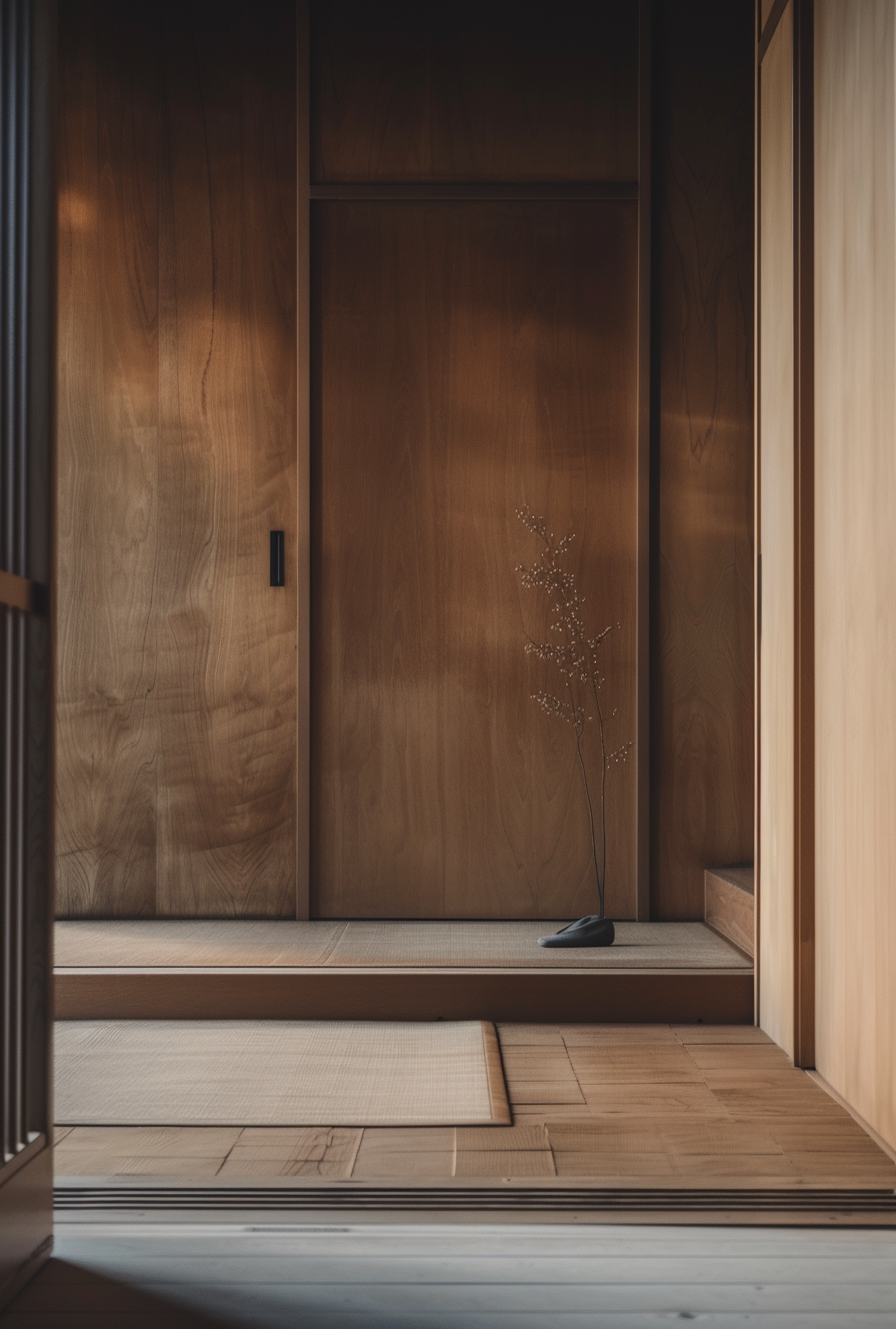 Organized Japanese hallway with innovative storage solutions for small spaces