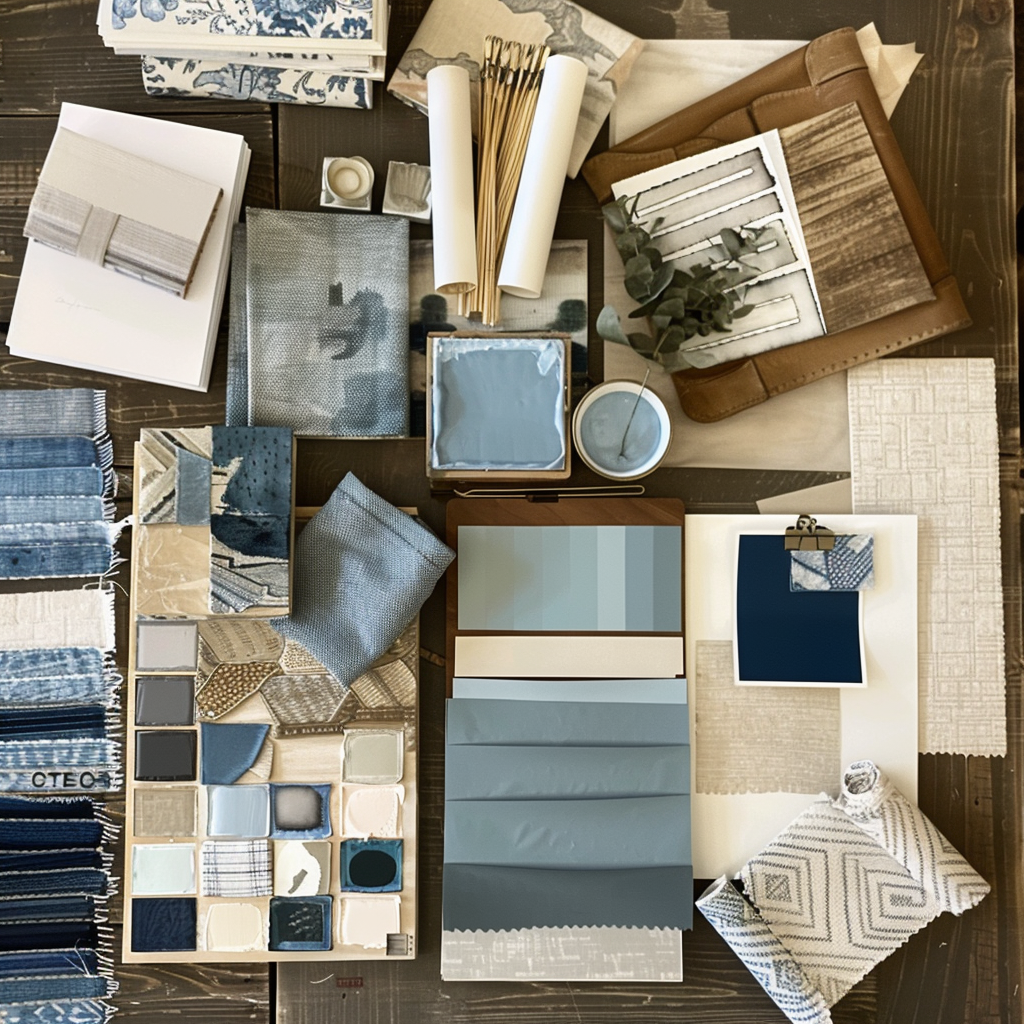 Organized collection of fabric swatches, wood samples, and paint chips on a designer's desk, illustrating the planning phase of a farmhouse decor project