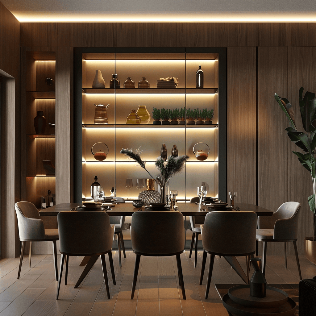 Organized essentials, concealed storage, and a clutter-free space contribute to the streamlined design of this modern dining room