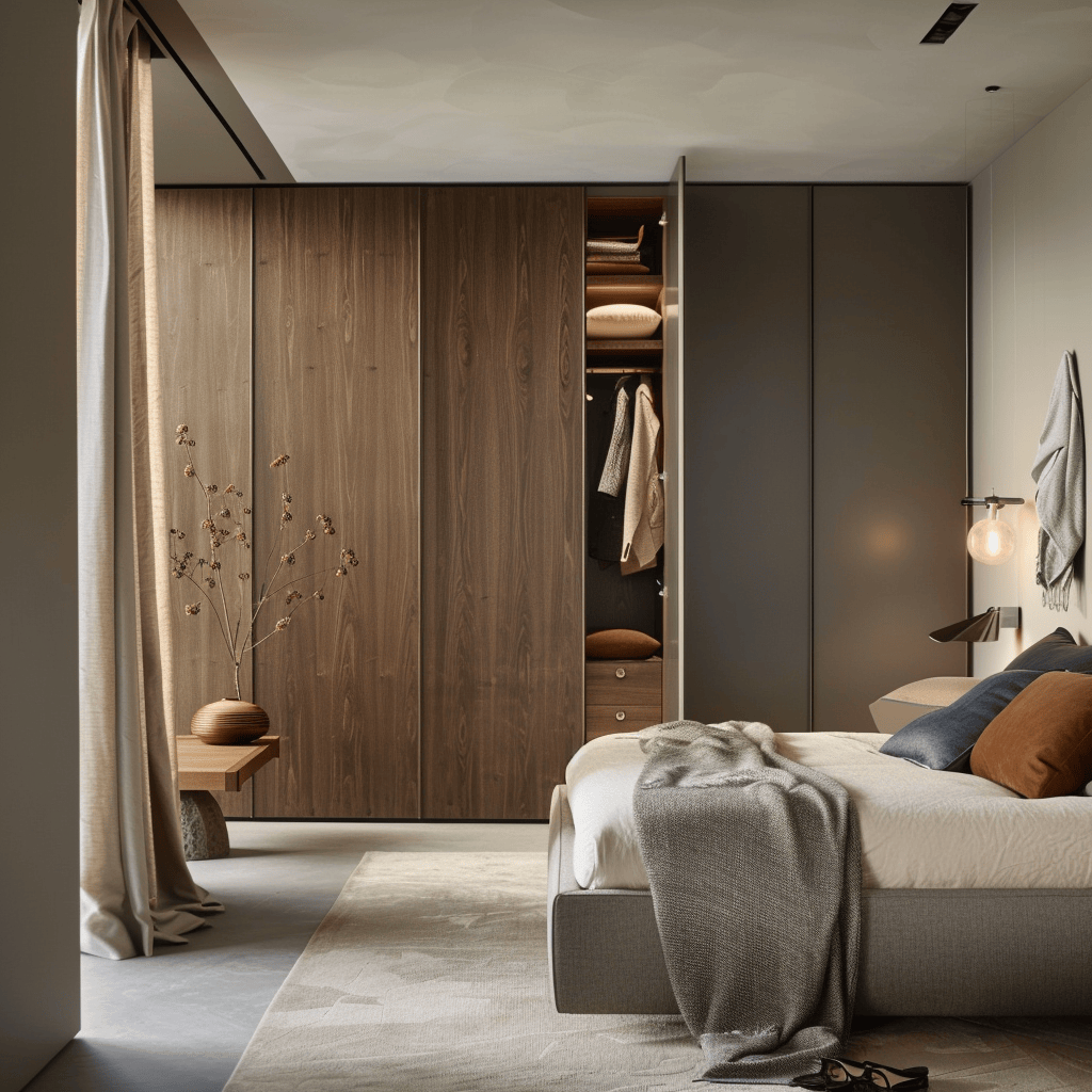 Organized modern bedroom with a focus on discreet storage options to maintain a clean and serene atmosphere